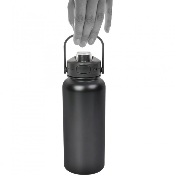 Siyah 1000 ml Kilitli Kapaklı Askılı Lazer Logo Baskılı Promosyon Termos